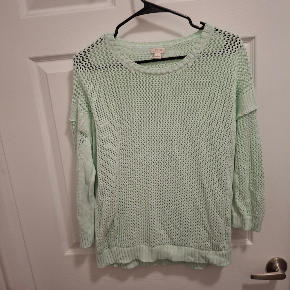 J Crew Mint Green Cotton Crochet Knit Sweater Pullover Women's Size L